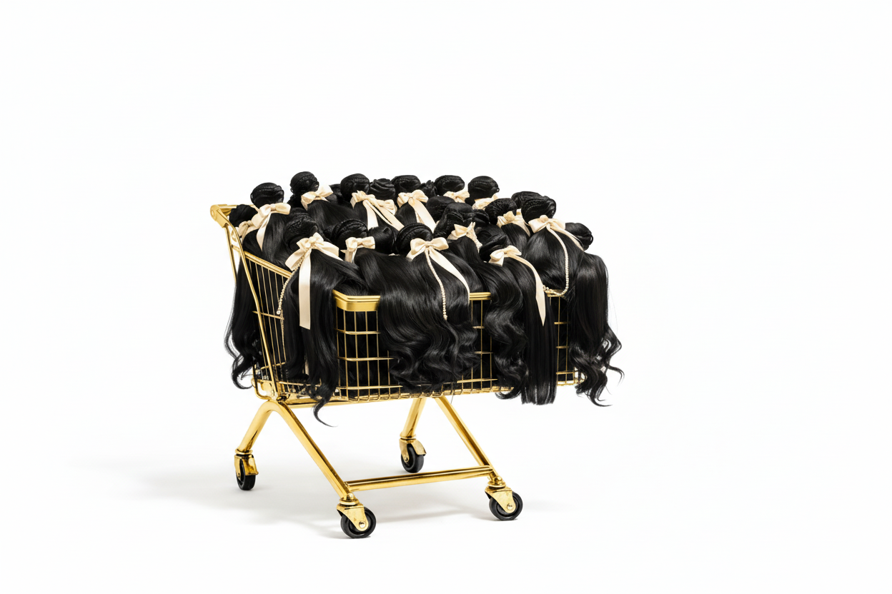 Hair bundles in gold cart with transparent background